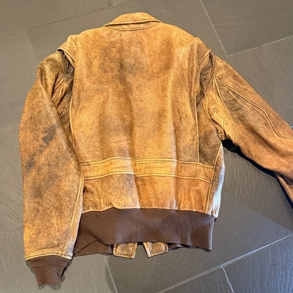 Vintage 80's top gun Men's brown, distressed bomber flight jacket size 48